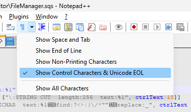 Screenshot with Notepad++ showing show control characters option